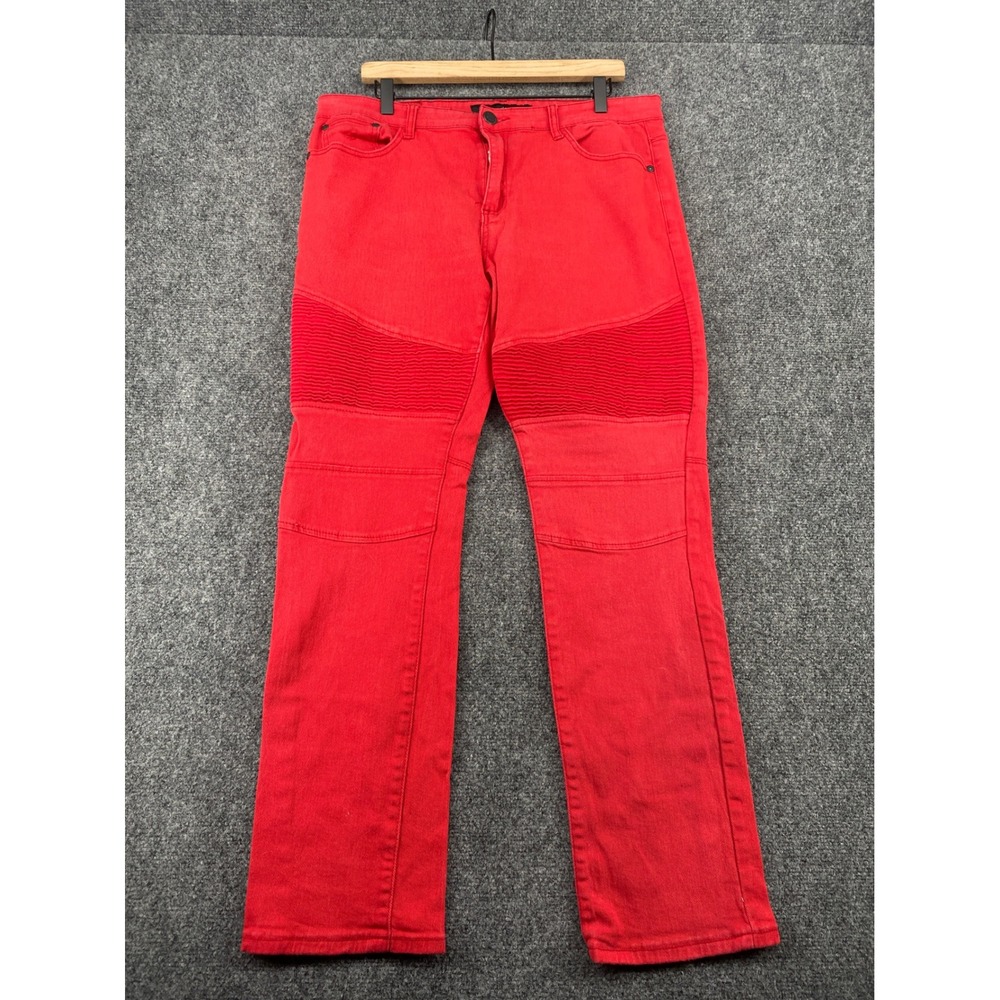 Rocawear Moto Jeans Mens 38x32 Red Denim Ribbed Knee Streetwear Straight Leg
